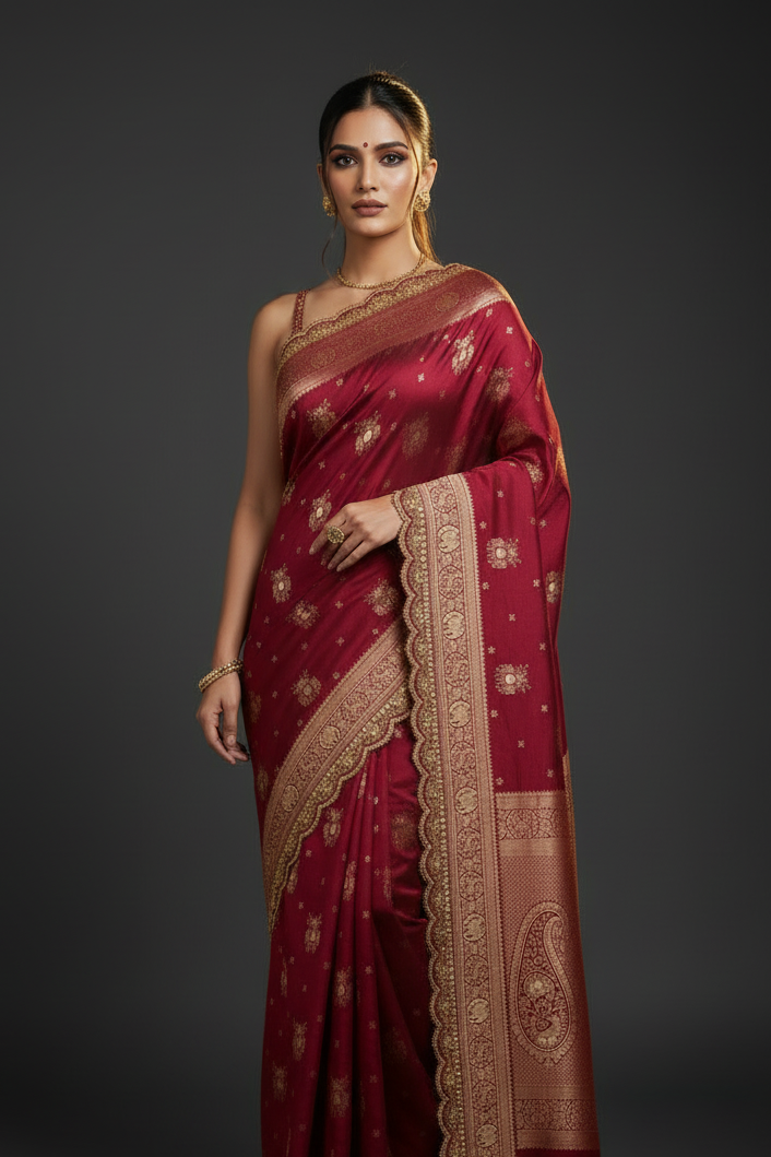 Flower and leaf Cotton dola silk Saree