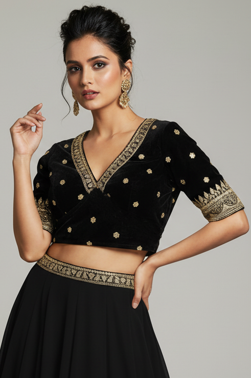 Sweet Embrace Black Color Designer Blouse(V-Neck)