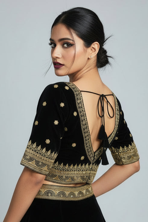 Sweet Embrace Black Color Designer Blouse(V-Neck)