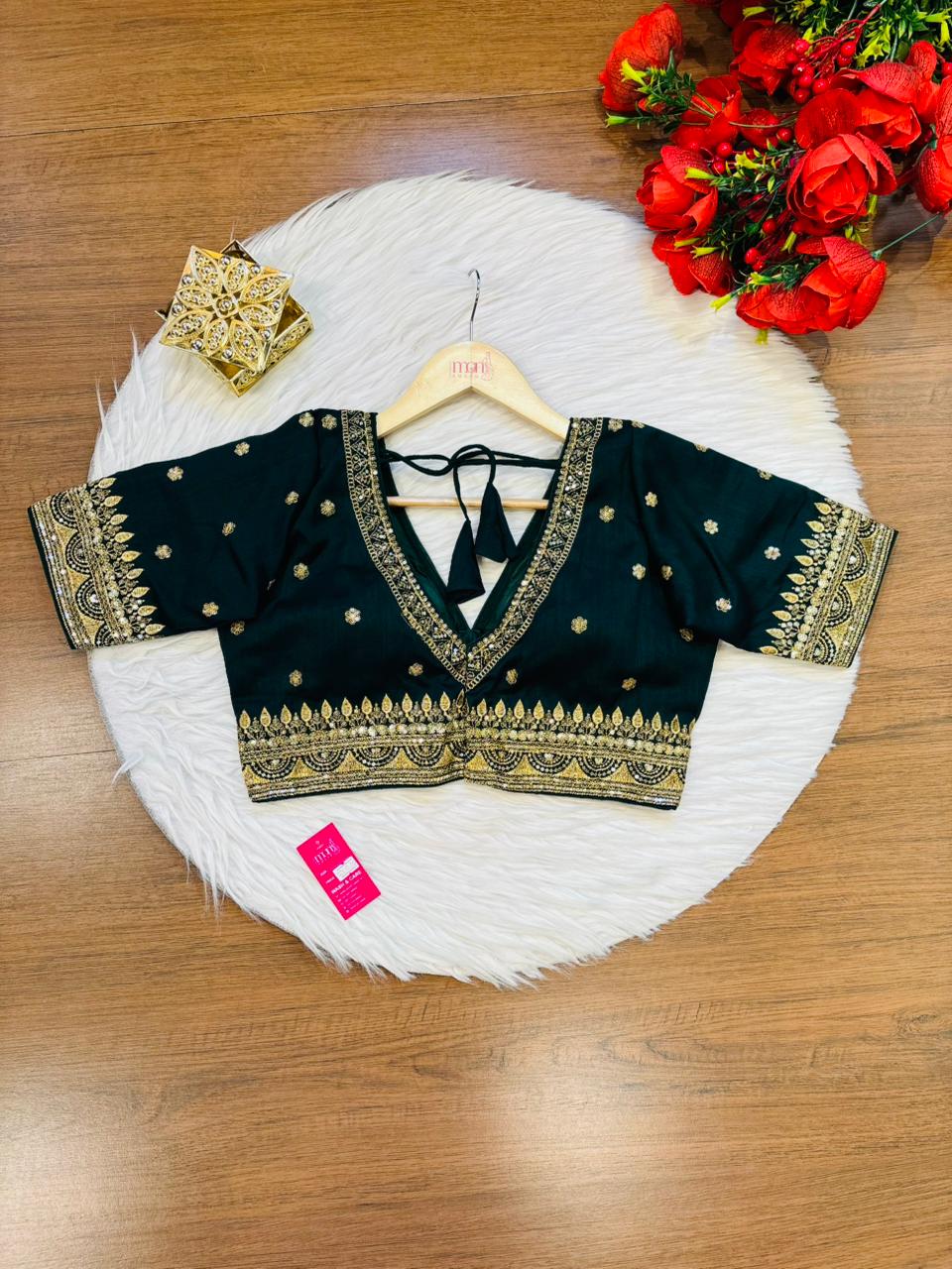 Sweet Embrace Green color Designer Blouse(V-Neck)