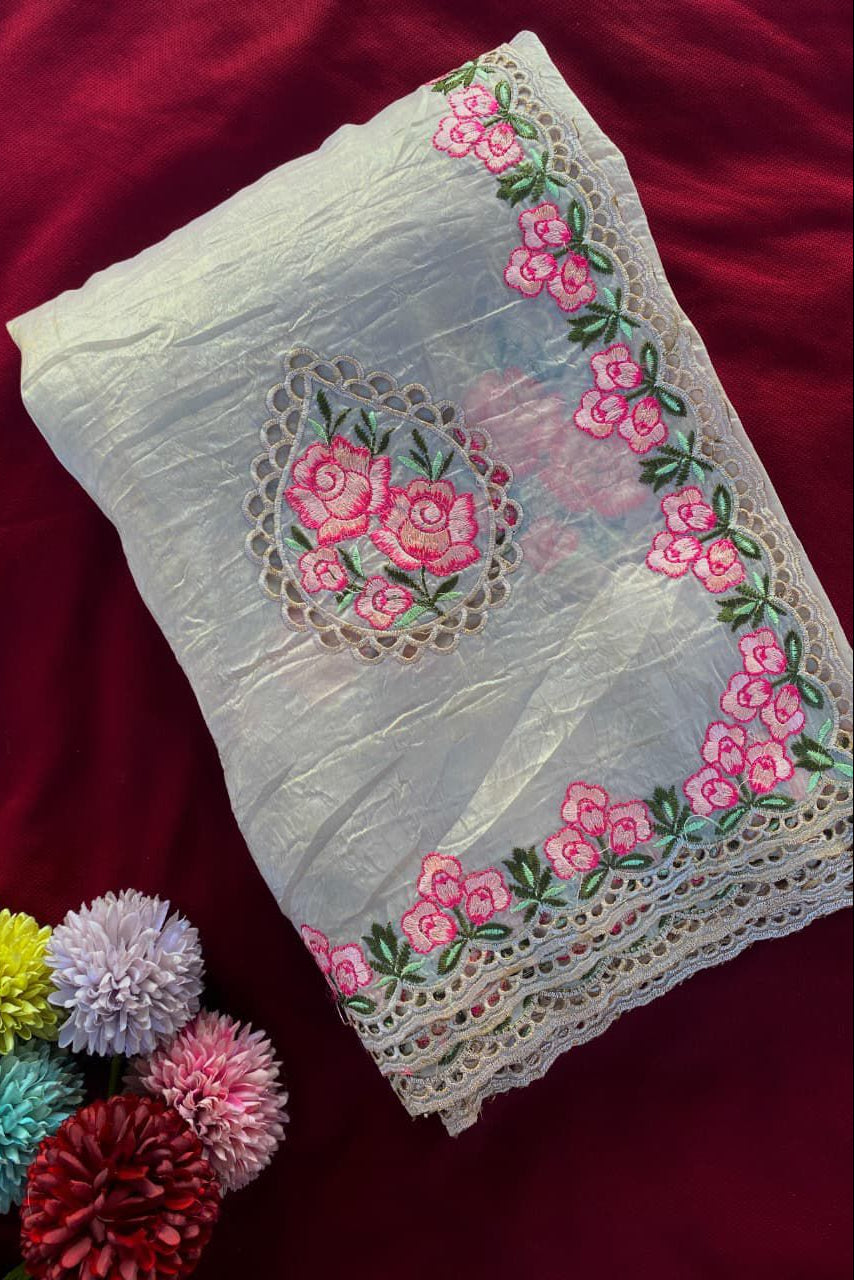 Rose Embroidery Designer Silk Saree