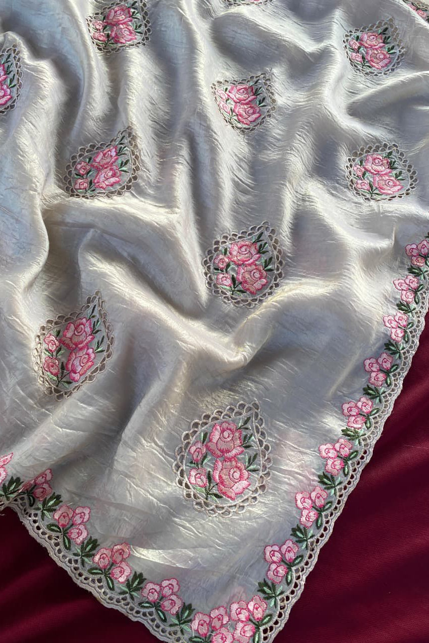 Rose Embroidery Designer Silk Saree