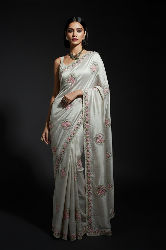 Rose Embroidery Designer Silk Saree