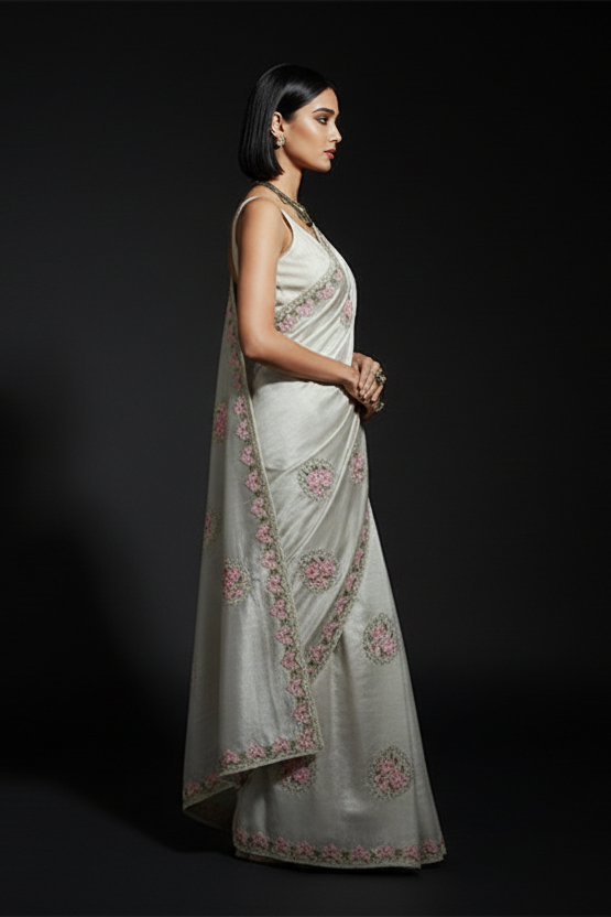 Rose Embroidery Designer Silk Saree
