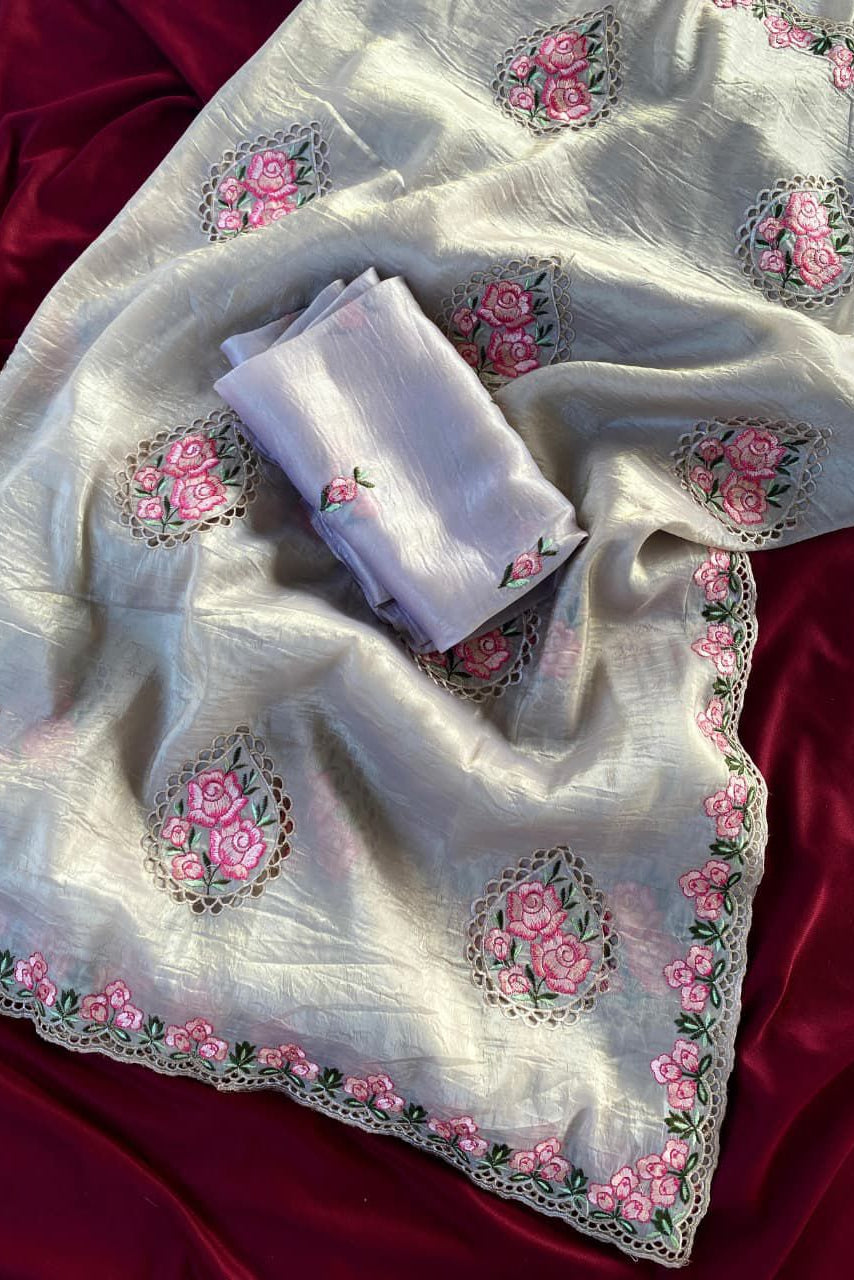 Rose Embroidery Designer Silk Saree