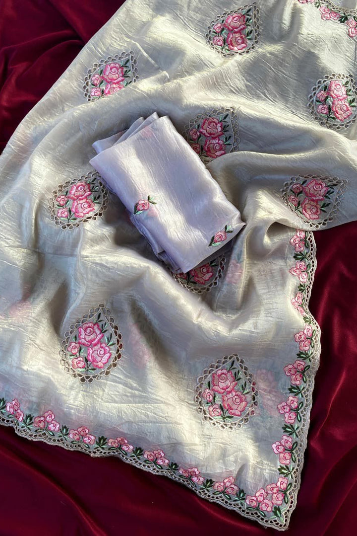 Rose Embroidery Designer Silk Saree