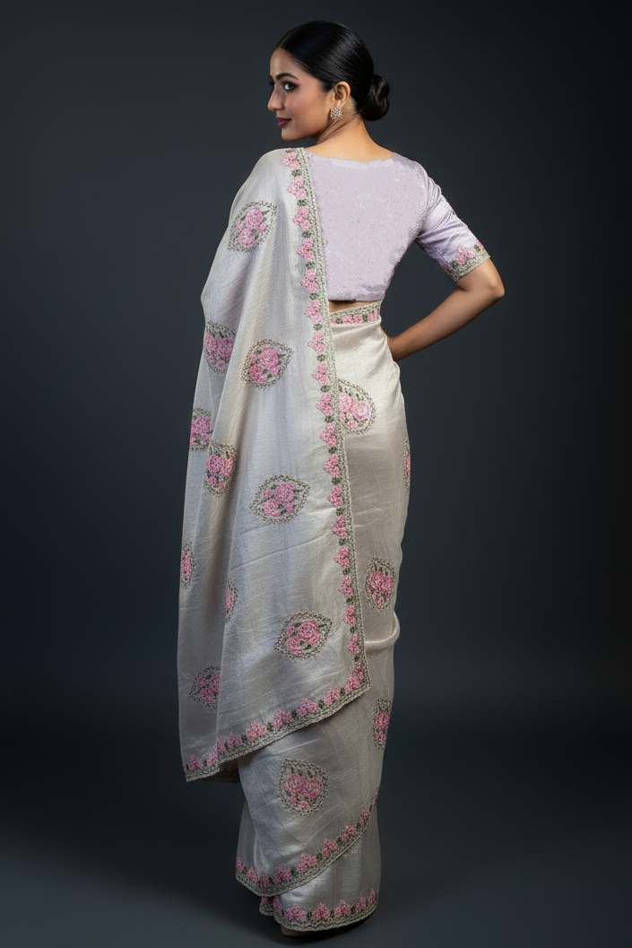 Rose Embroidery Designer Silk Saree