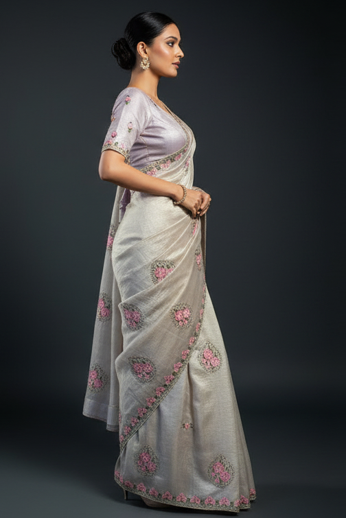 Rose Embroidery Designer Silk Saree