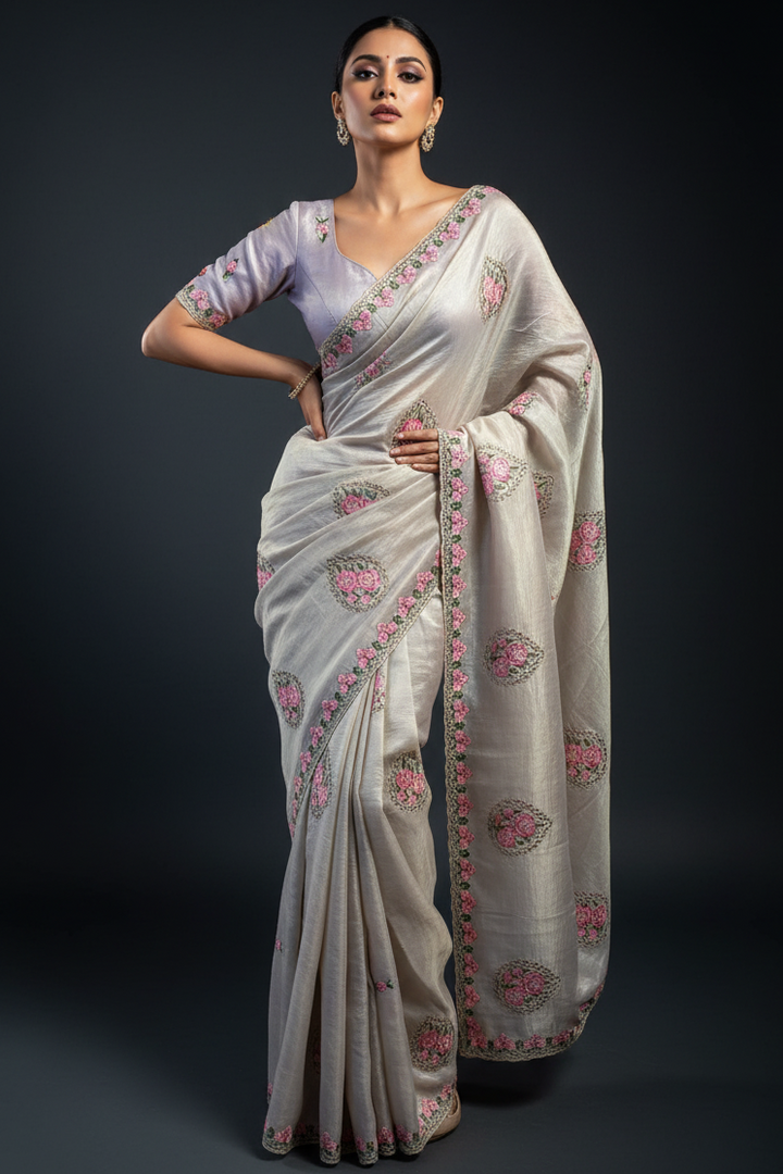 Rose Embroidery Designer Silk Saree
