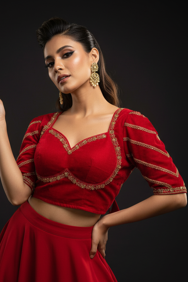 Partywear Red Vichitra Silk Blouse