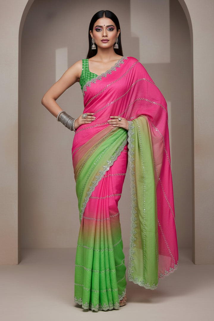 Ethnic Spiral Fendy Satin Silk Saree