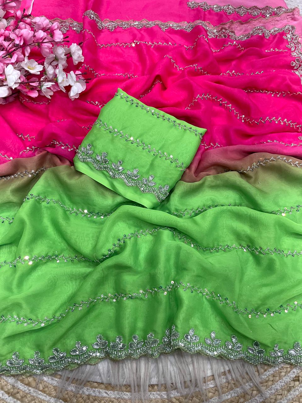 Ethnic Spiral Fendy Satin Silk Saree