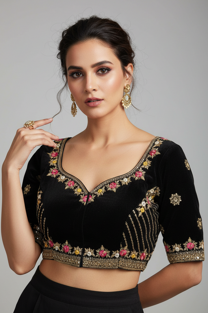 Made Of Vichitra Silk-Designer Blouse(Black)
