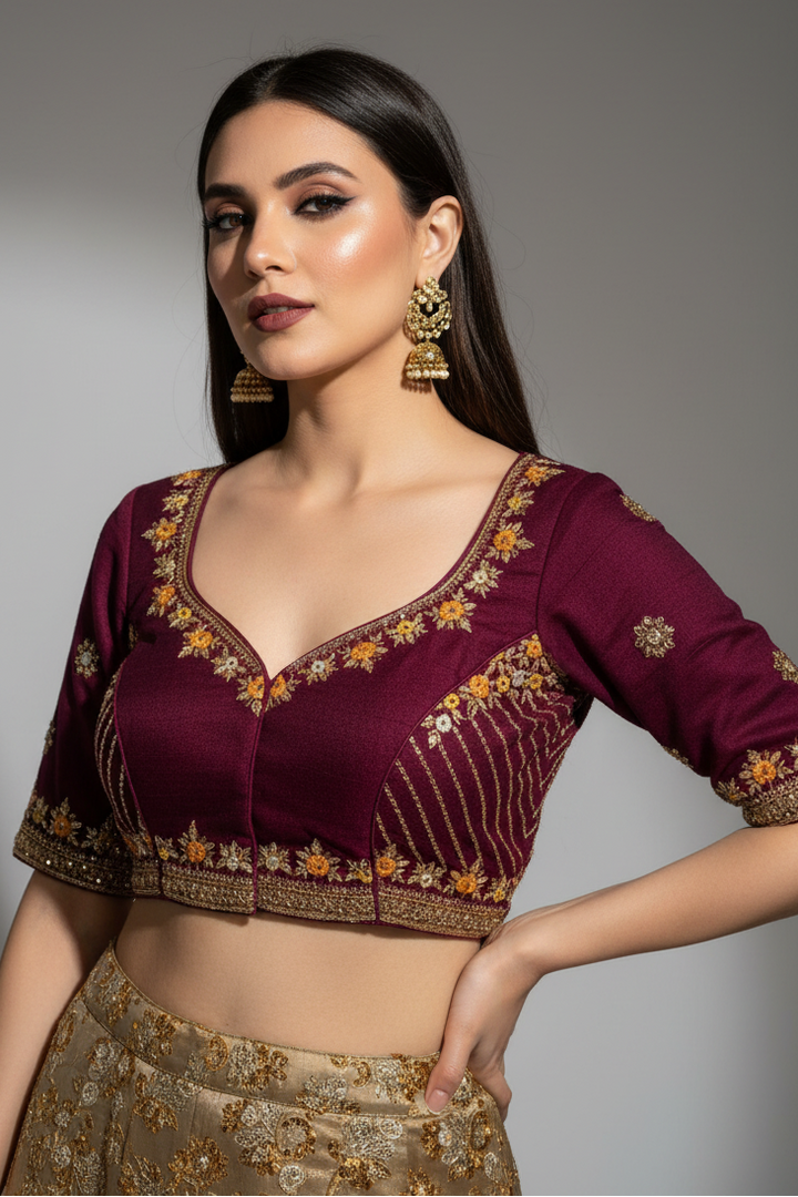 Made Of Vichitra Silk-Designer Blouse(Wine)