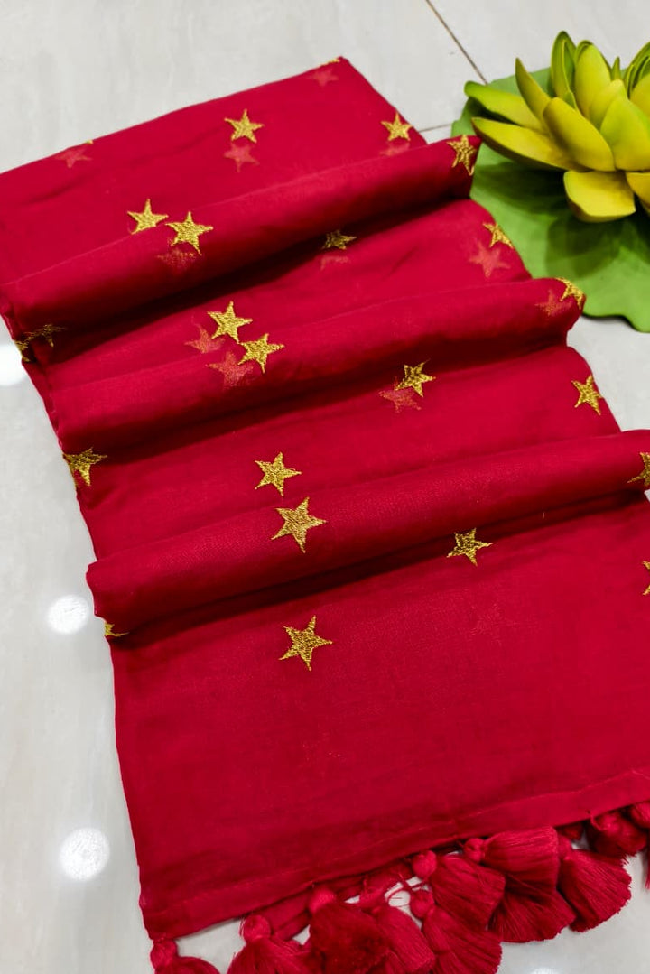 Star Embroidery Mul Cotton Saree