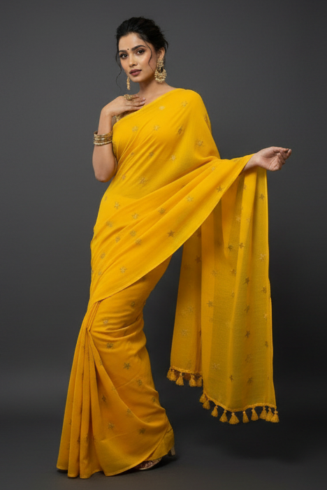 Star Embroidery Mul Cotton Saree