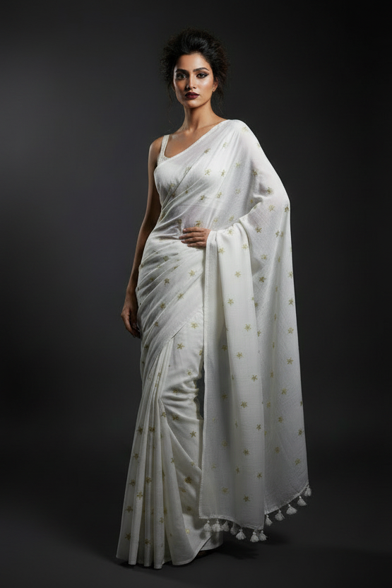 Star Embroidery Mul Cotton Saree