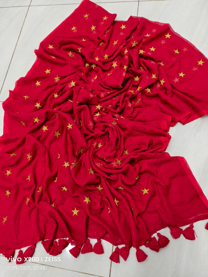 Star Embroidery Mul Cotton Saree