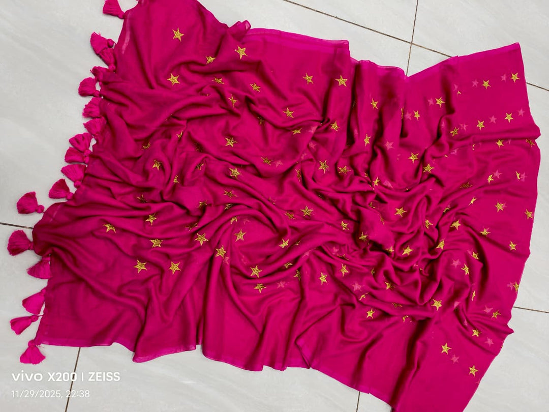 Star Embroidery Mul Cotton Saree