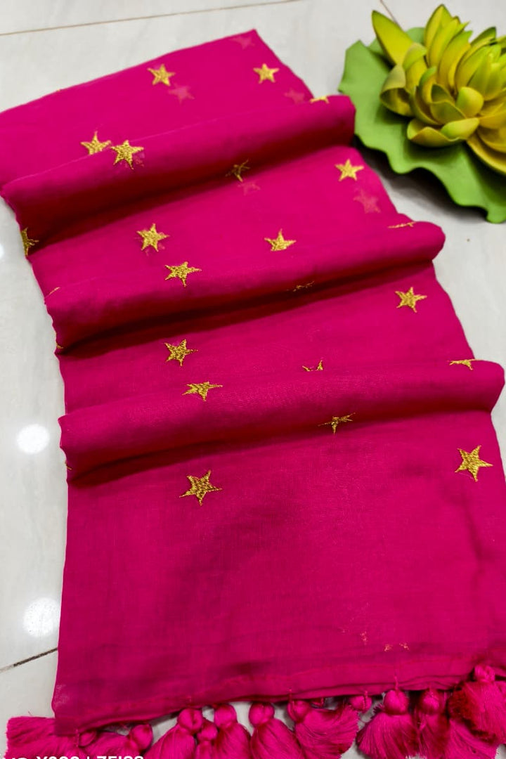 Star Embroidery Mul Cotton Saree
