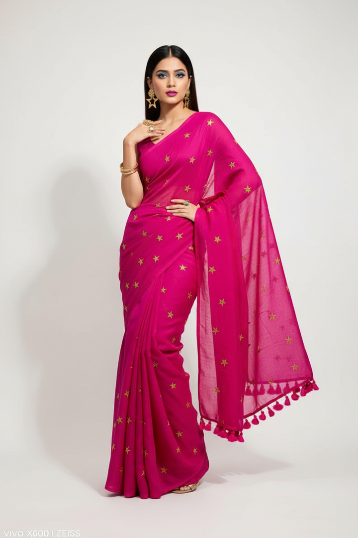 Star Embroidery Mul Cotton Saree