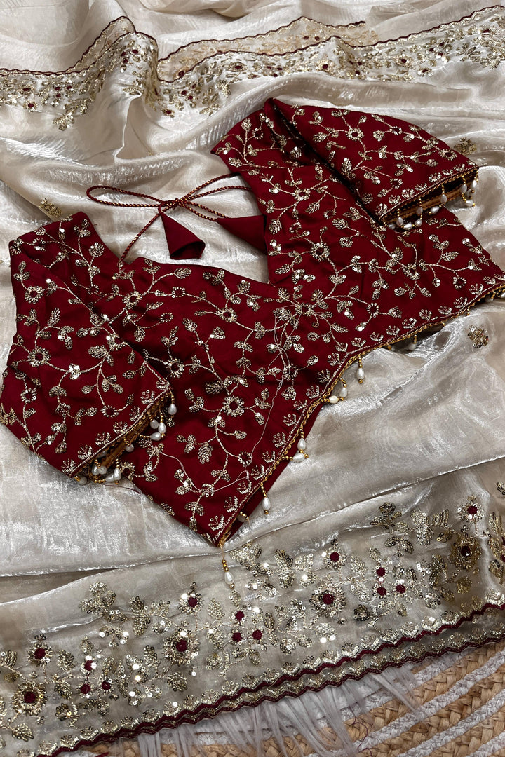 Crimson Glow  Designer Embroidery Silk Saree