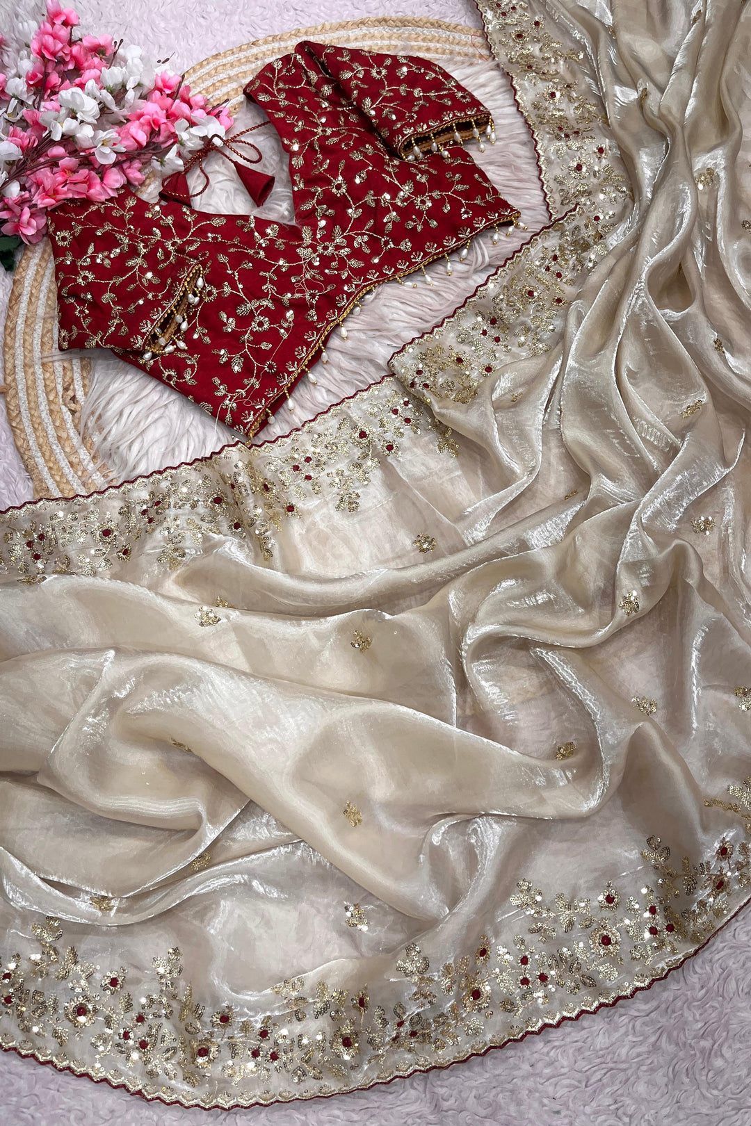 Crimson Glow  Designer Embroidery Silk Saree