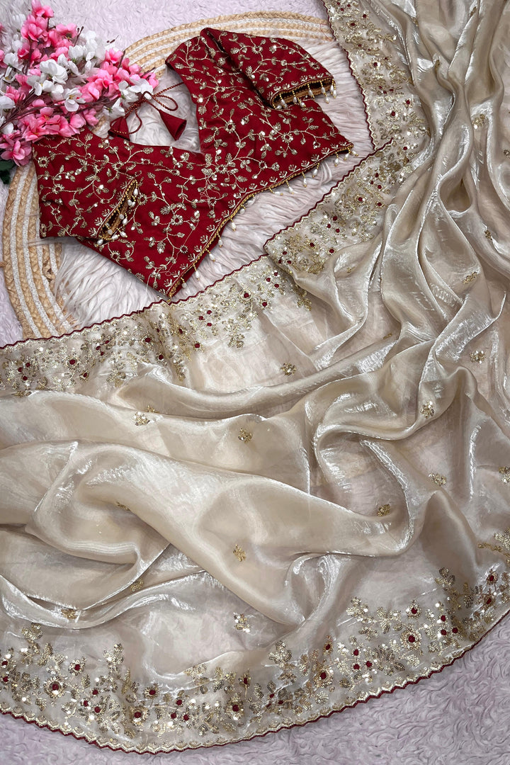 Crimson Glow  Designer Embroidery Silk Saree