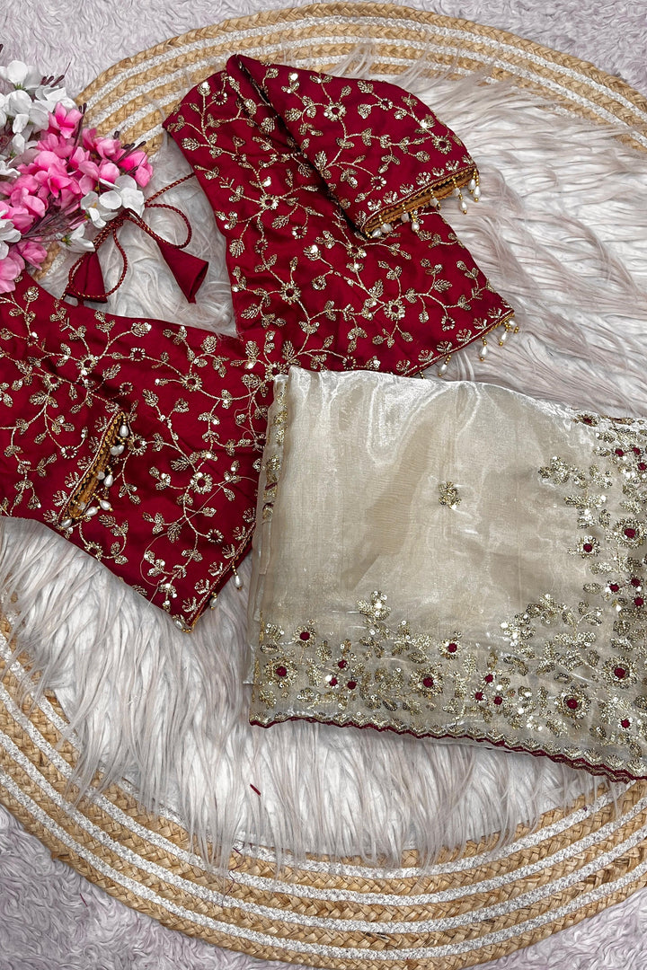 Crimson Glow  Designer Embroidery Silk Saree