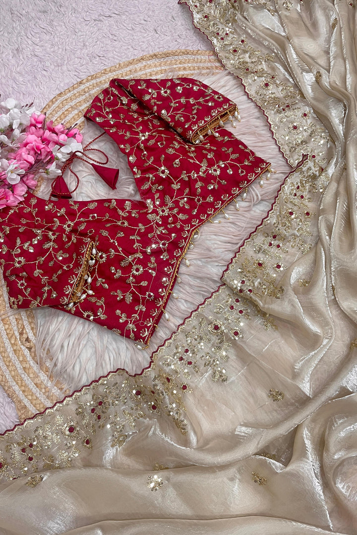 Crimson Glow  Designer Embroidery Silk Saree