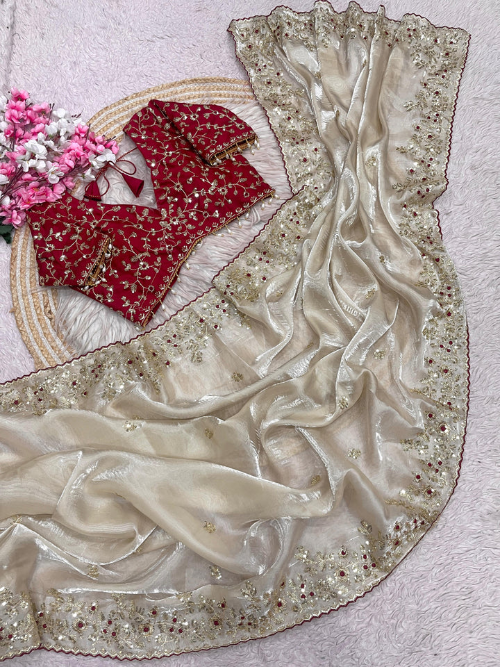 Crimson Glow  Designer Embroidery Silk Saree