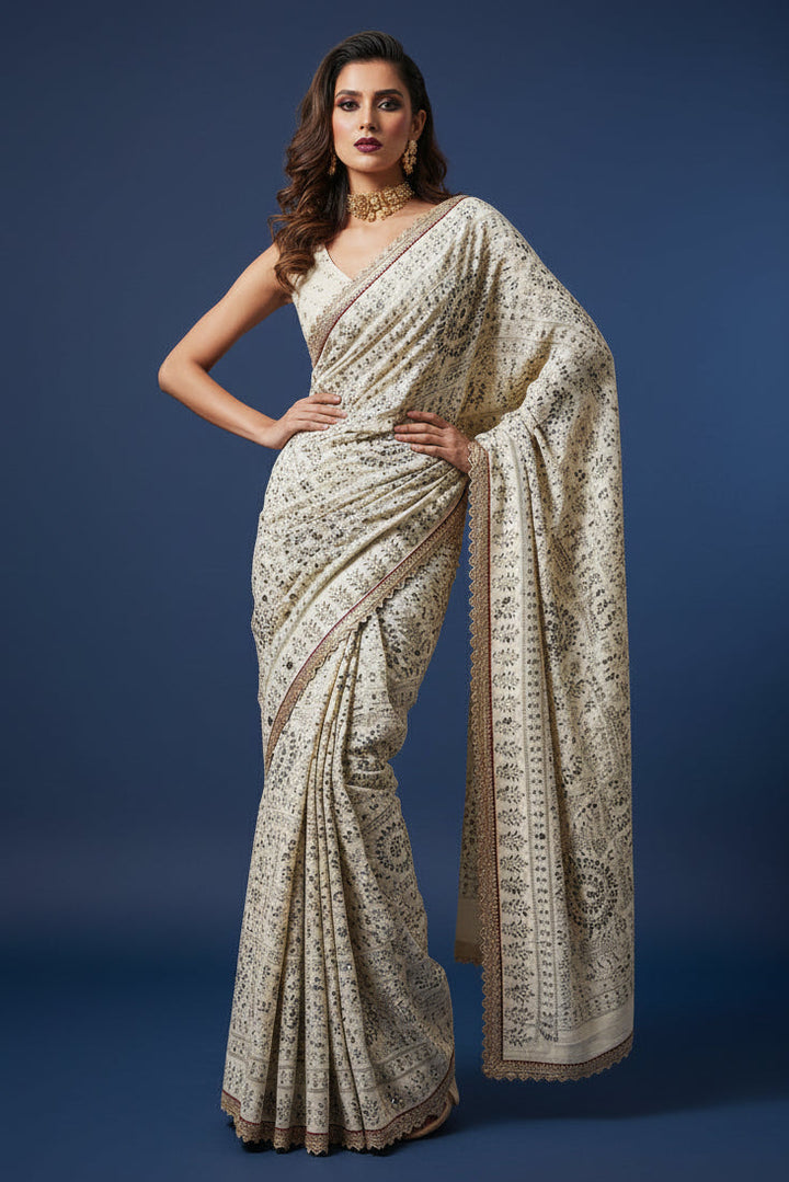 Premium Handfeel Linen Saree in Off-White