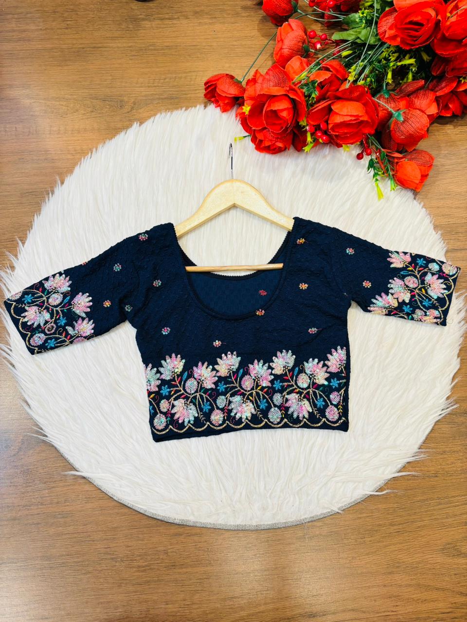Color Cascade Floral Stretchable Knitted Blouse