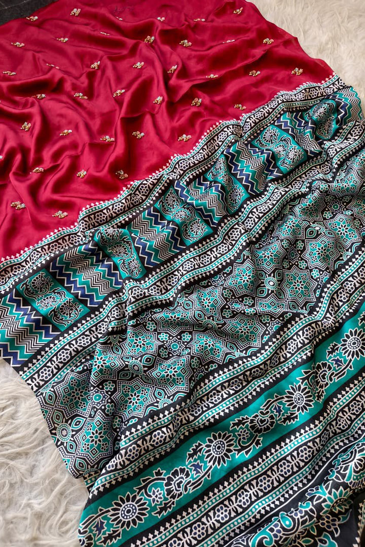 Emerald Glow Satin Dola Silk Saree