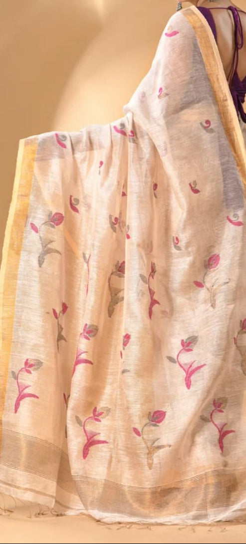 Kagojey Akash Tissue Linen Jamdani Saree