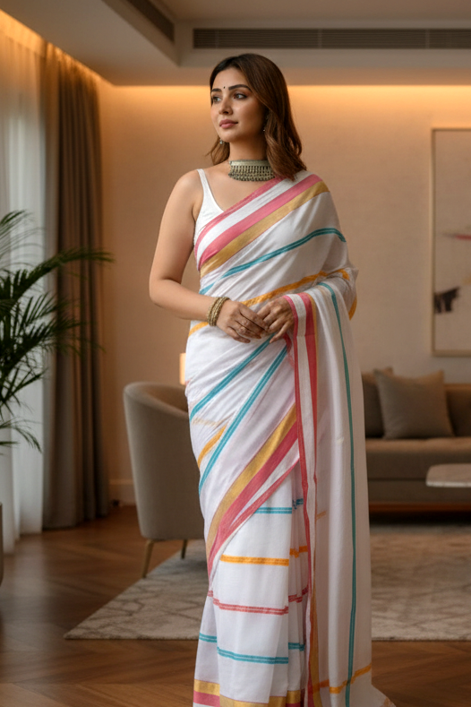 Colorful In Stripes Mul Cotton Saree