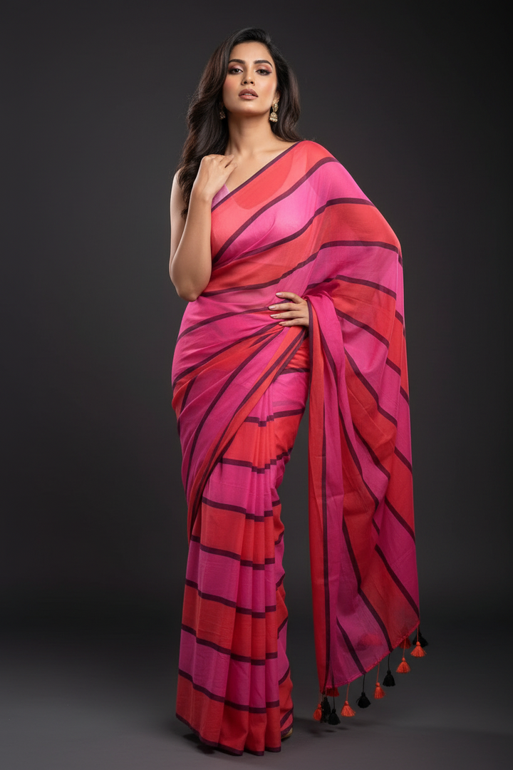 Stripe And Tassels Mul Cotton Saree