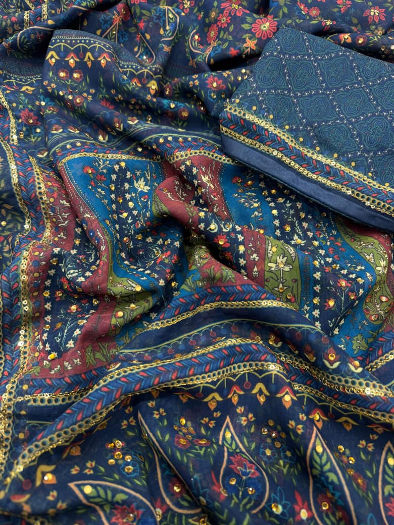 Blue Heirloom Georgette Silk Saree
