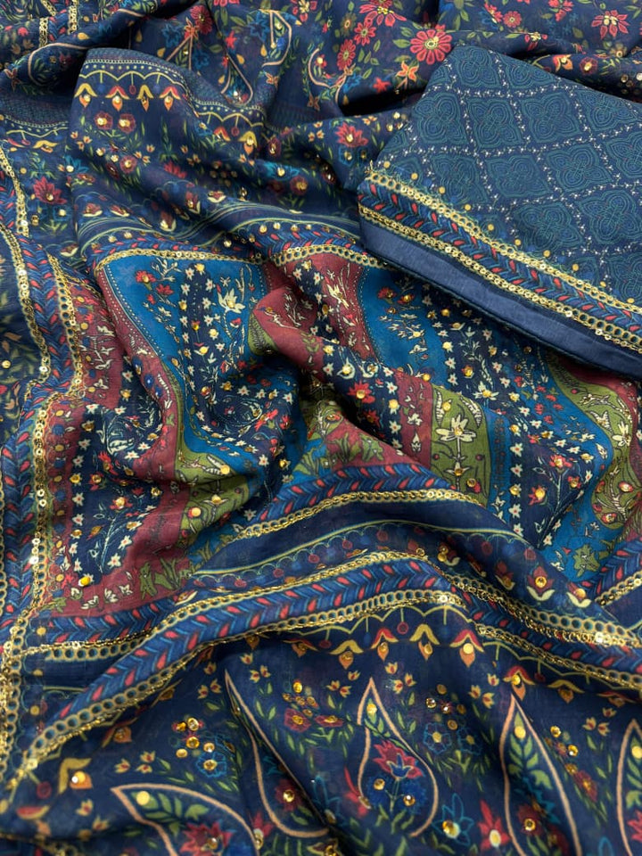Blue Heirloom Georgette Silk Saree