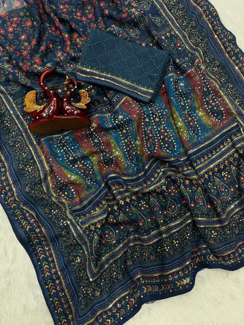 Blue Heirloom Georgette Silk Saree