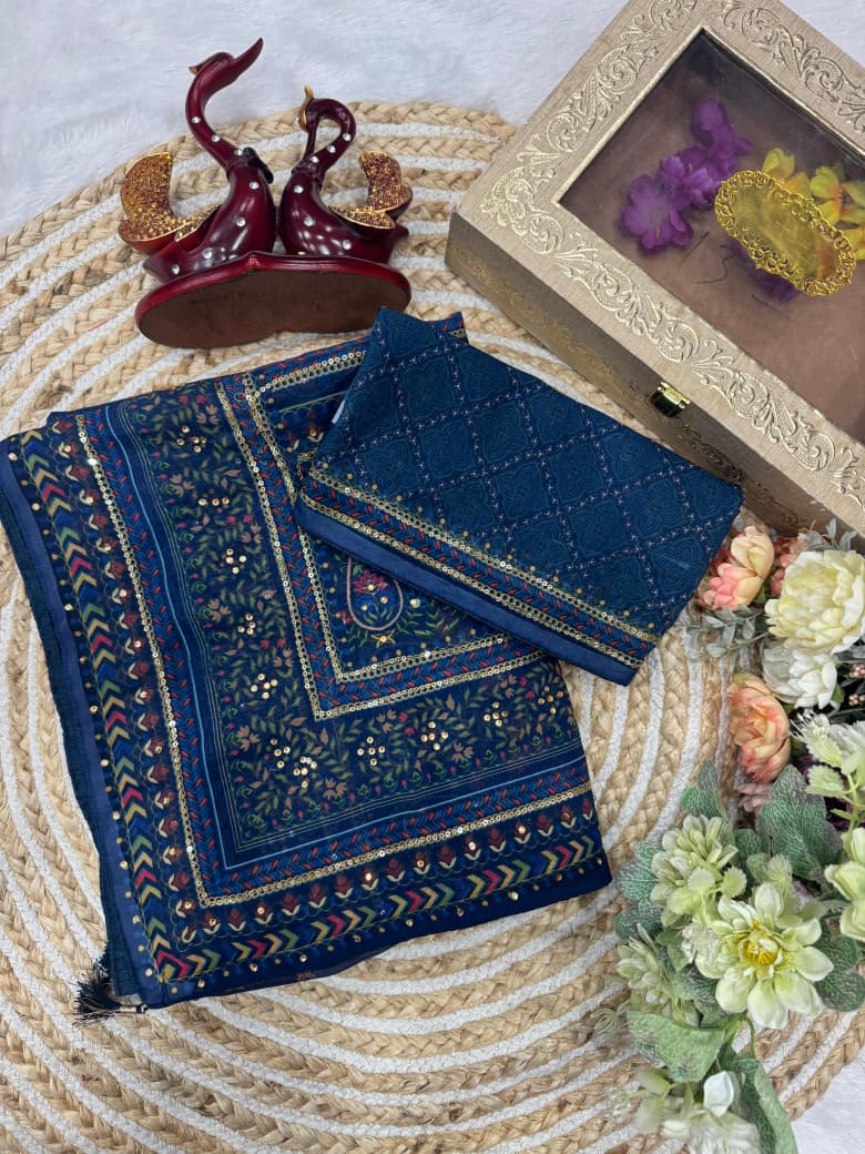 Blue Heirloom Georgette Silk Saree