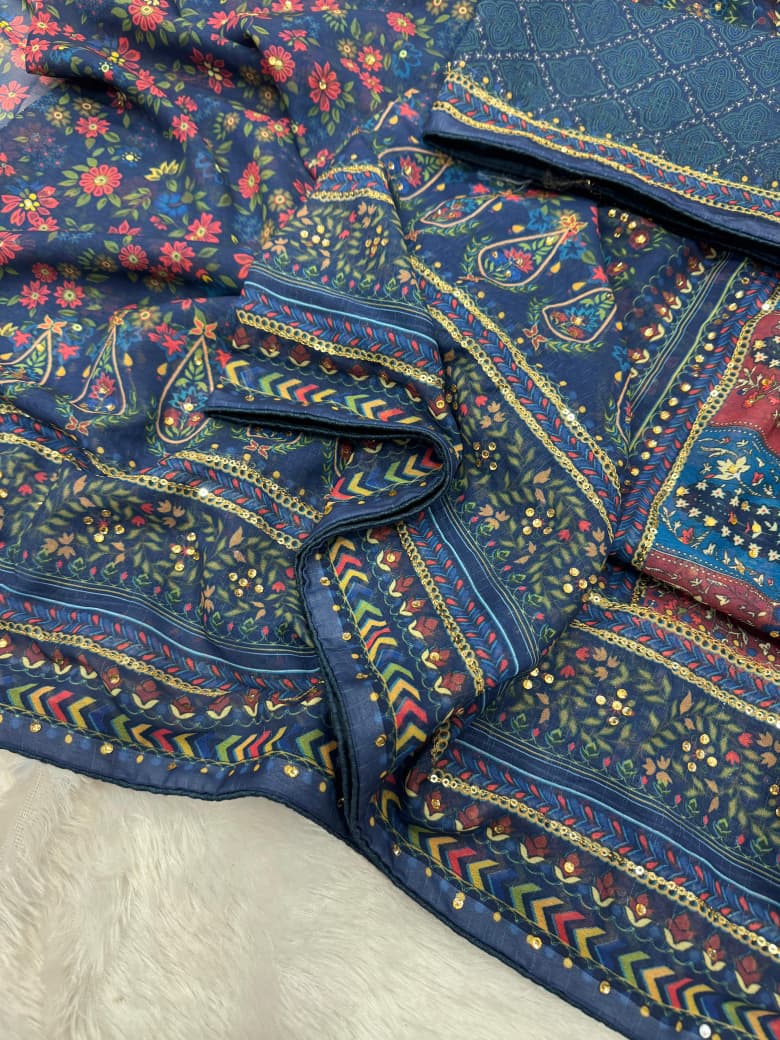 Blue Heirloom Georgette Silk Saree