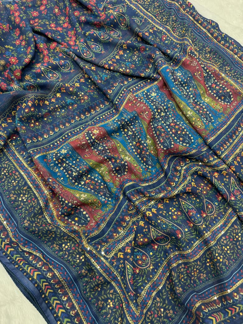Blue Heirloom Georgette Silk Saree