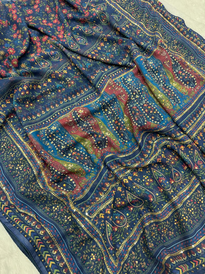 Blue Heirloom Georgette Silk Saree