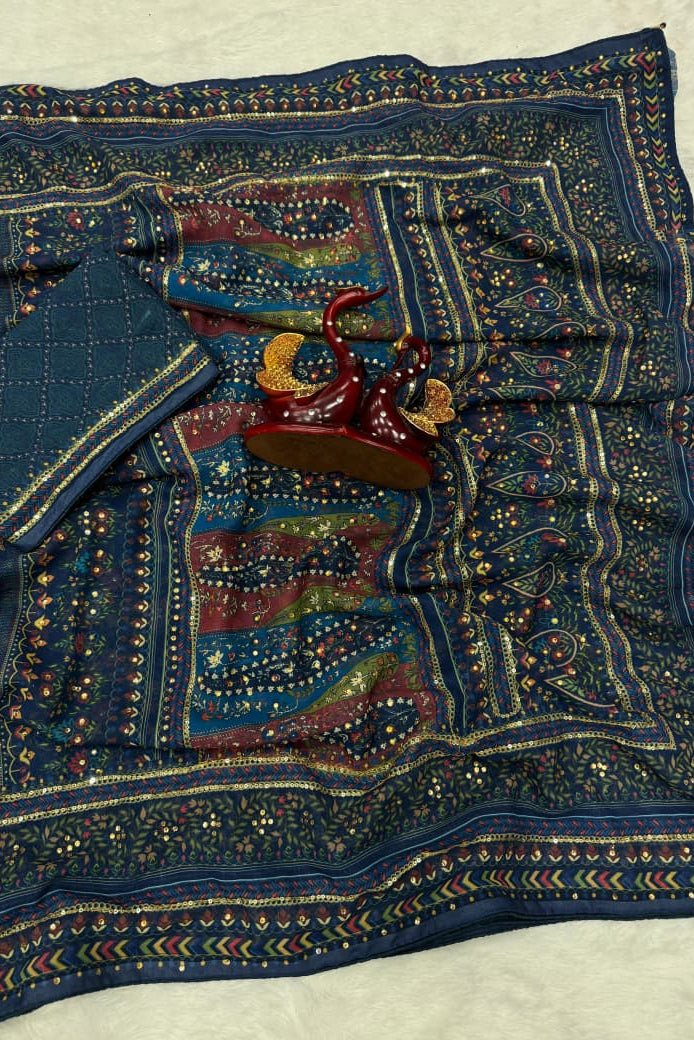 Blue Heirloom Georgette Silk Saree