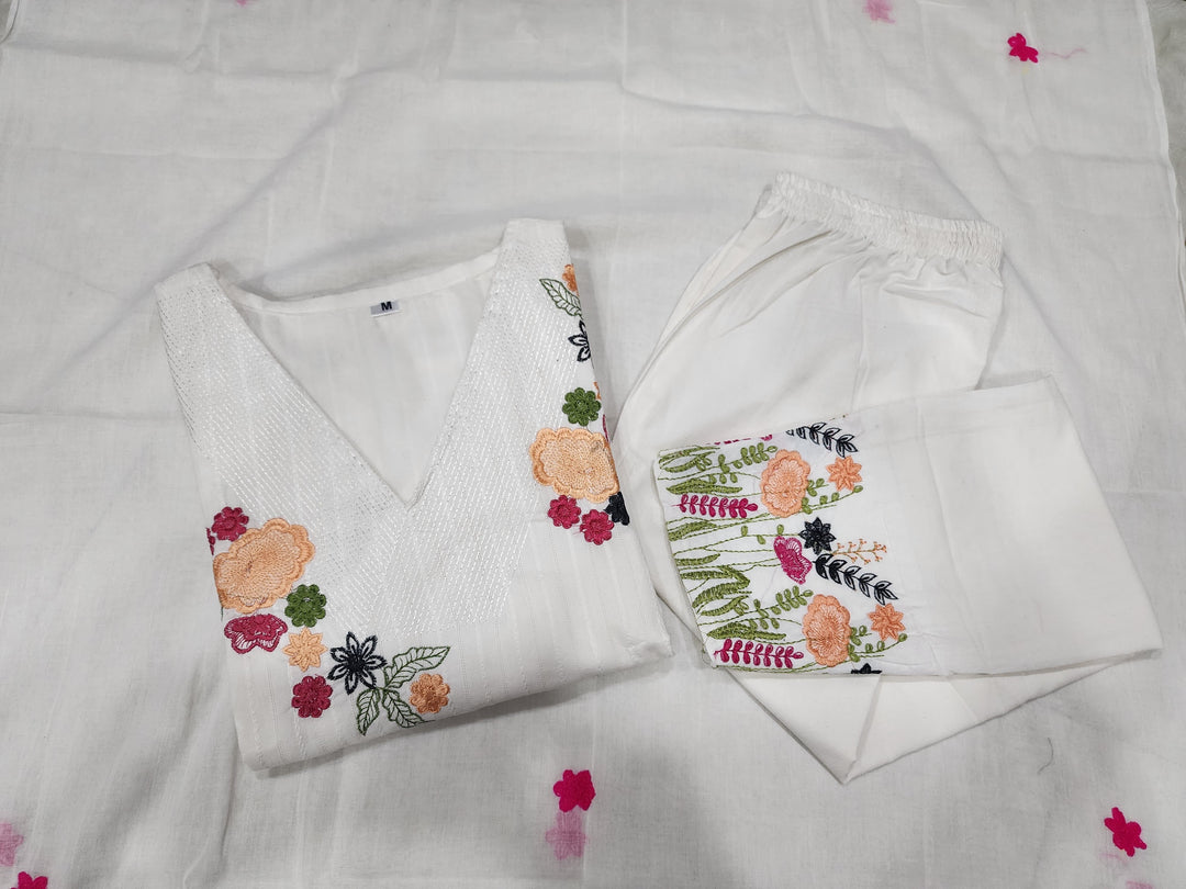 White Glow Cotton Kurti Set