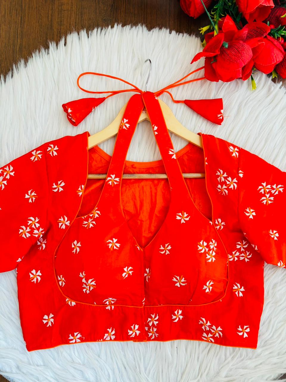Orange Shiuli Masaba Style Vichitra Silk Blouse