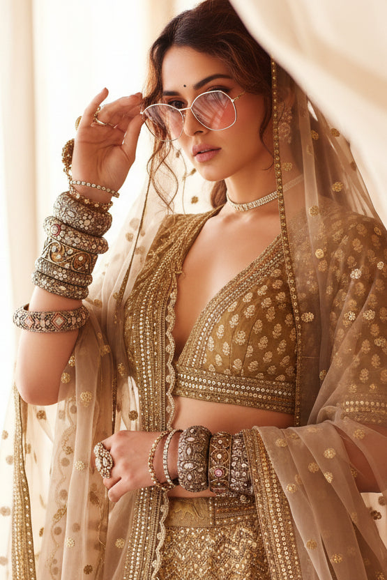 The platinum Gems Designer Net Lehenga