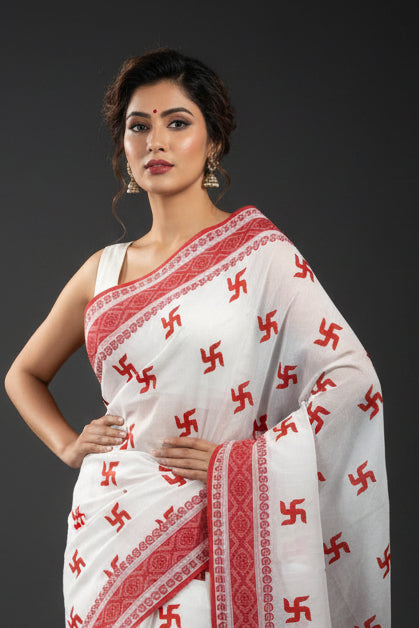 Ashtami Tangail Tant Cotton Saree(Swastik Design)
