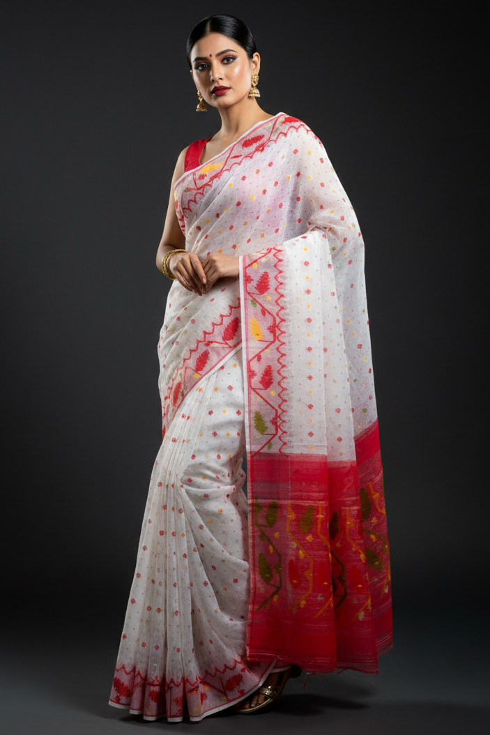Boisakhi Din-Dhakai Jamdani Saree(Red Yellow Border)